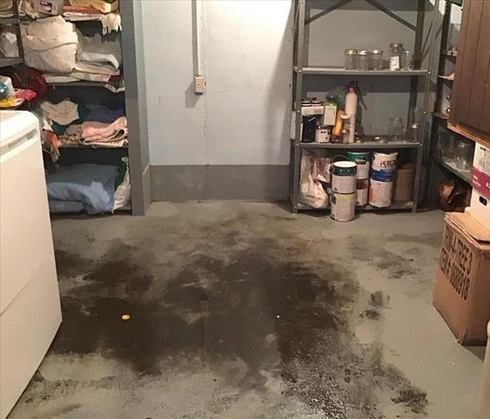 Sewage on the laundry room floor in a residential basement.